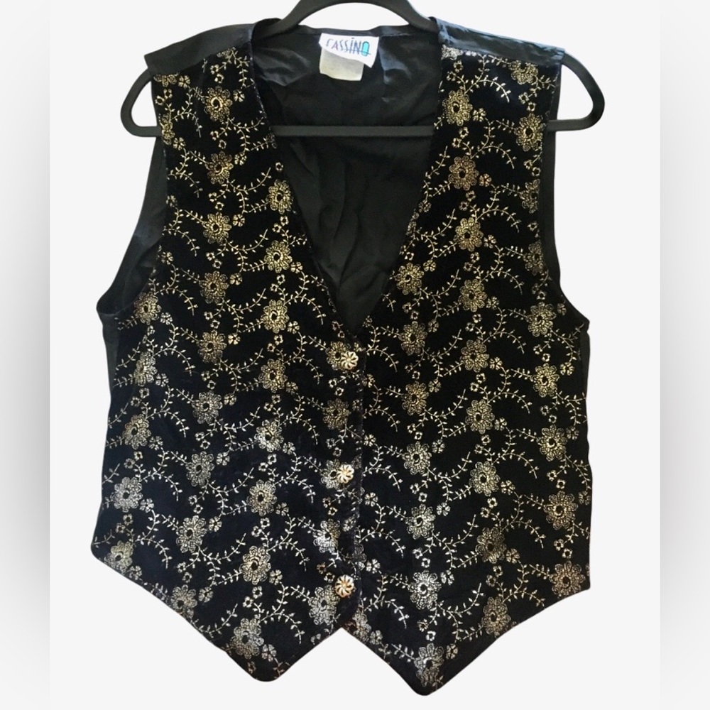 Vintage 90s Vest Whimsigoth Gold Black Velvet Floral Womens Embroidered Medium